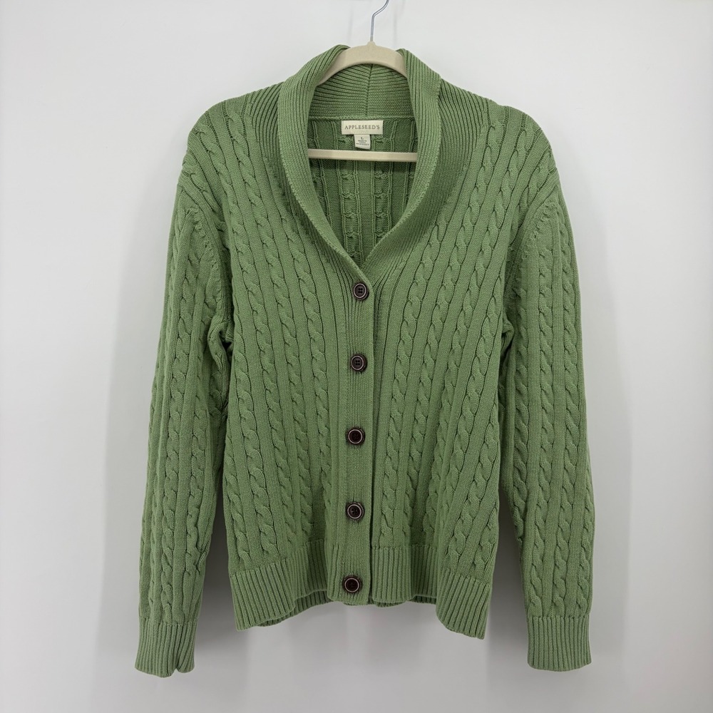 Appleseed's Womens Large Green Cardigan Cable Knit Shawl Collar Cotton A26005